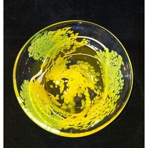 Handcrafted Yellow & Green Art Glass Bowl With Abstract White Swirls Signed By A